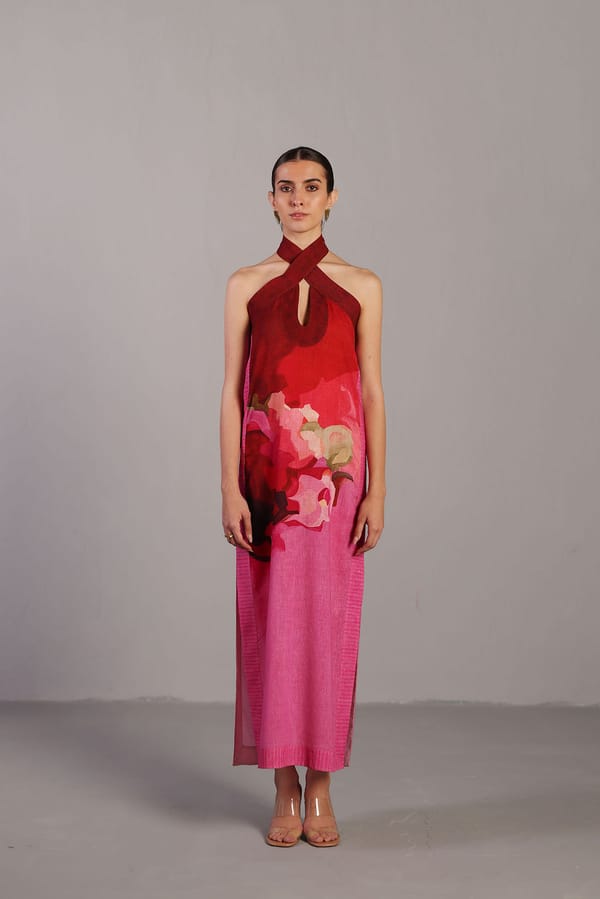 Fuchsia Pink Printed Halter Neck Linen Maxi Dress — CLOS