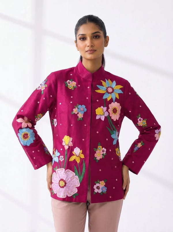 Rani Floral Applique Bamber Silk Longline Jacket — RUCHIKA  MALLIKA LABEL