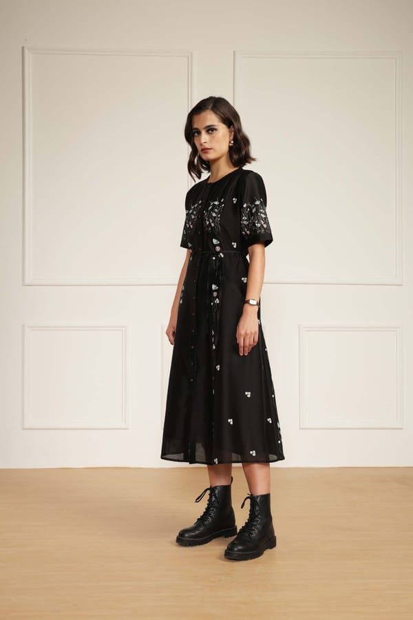 Black Silk Chanderi Floral Print A-Line Midi Dress — Arcvsh Pallavi Singh
