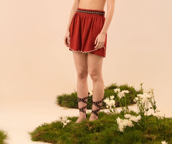 Brick Red Satin Linen Shorts with Contrast Cutwork — ISHA GUPTA TAYAL