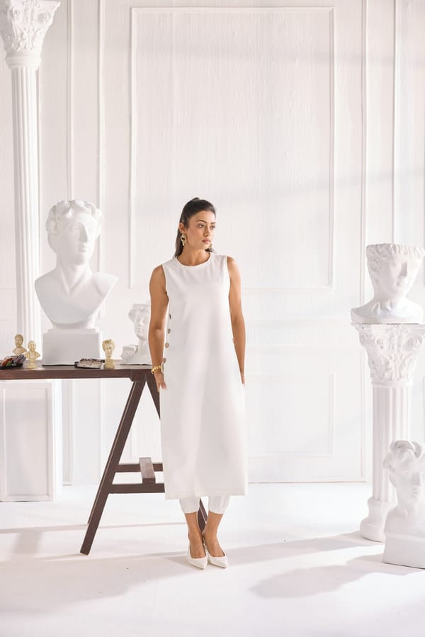 White Crepe Co-ord Set with Longline Top and Side Buttons — Shivya K