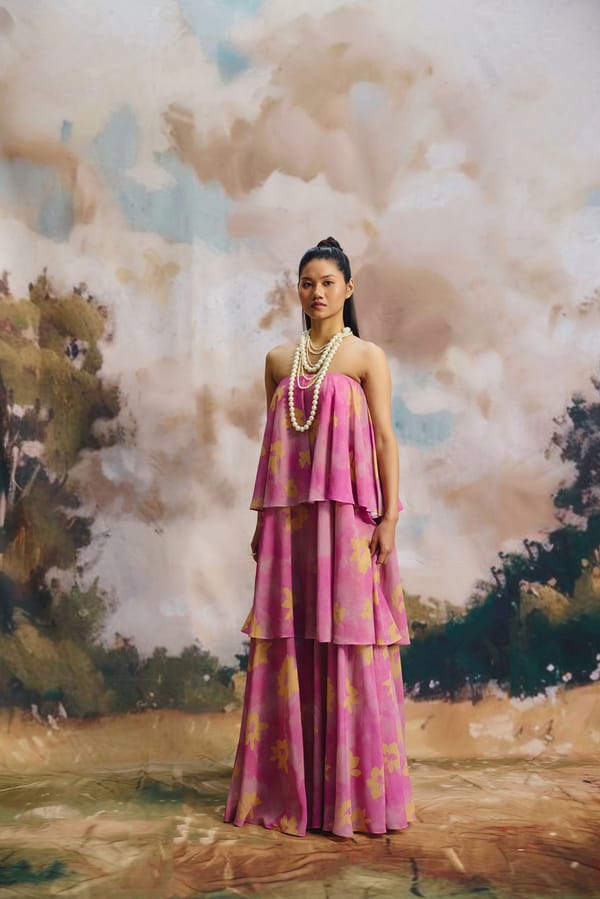 Tiered Strapless Pink Yellow Floral Maxi Dress — Zip by Payal Zinal