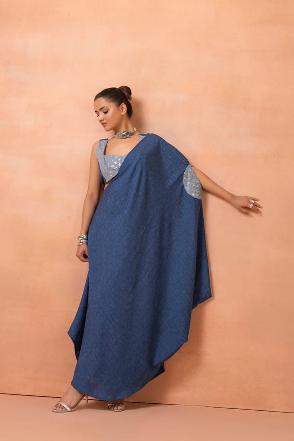 Denim Sequence Fusion Saree Dress — Sew and You