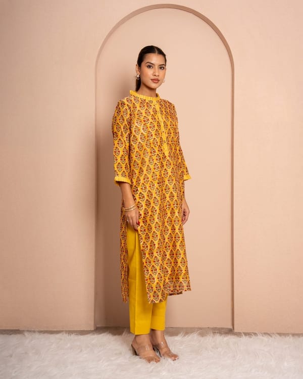 Vintage Mustard Block Print Chanderi Kurta Set — Kameez