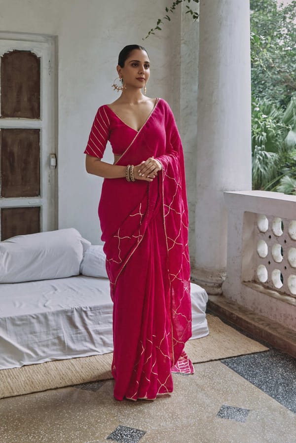 Pink Linen Saree with Gota Work Border — YELL