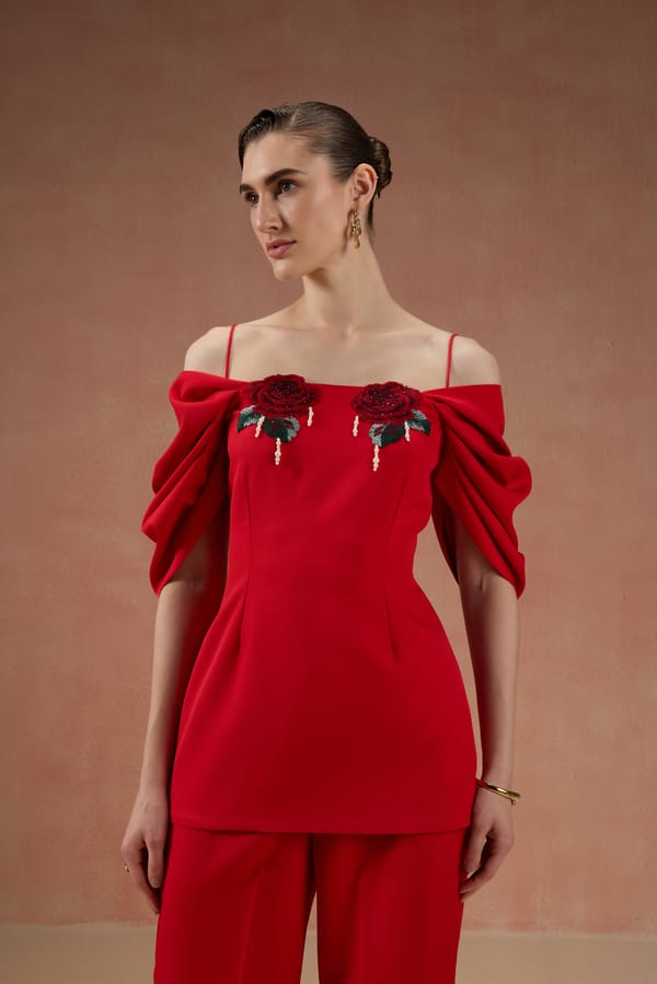 Red Pearl Embellished Co-Ord Set — Label IRIS