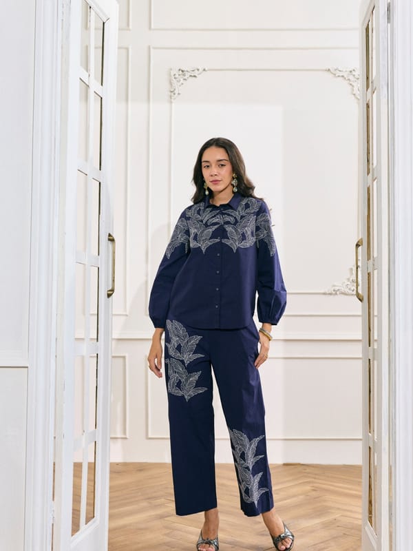Blue Cotton Poplin Straight-Leg Embroidered Trousers — Style Island
