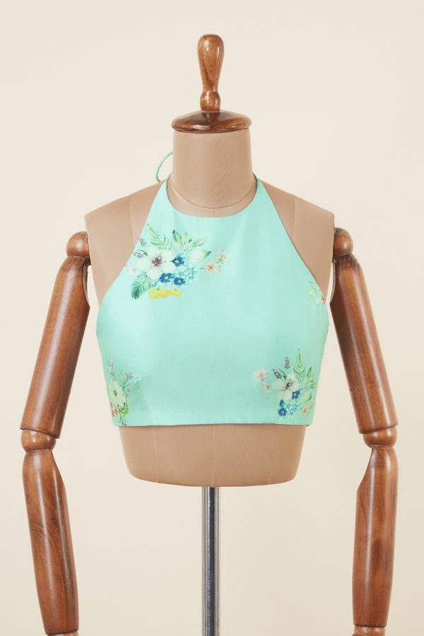 Aqua Blue Chanderi Halter-Neck Floral Blouse — Dressfolk