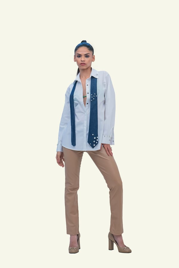 White Cotton Shirt with Denim Cotton Tie — Richa Goenka