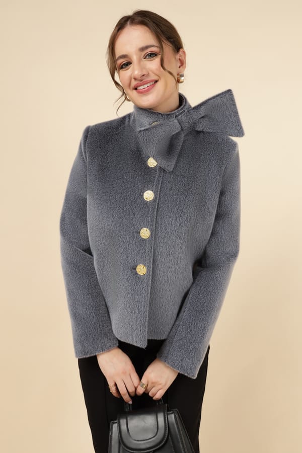 Grey Plush Bow-Collar Button-Front Jacket — H&G DESIGN