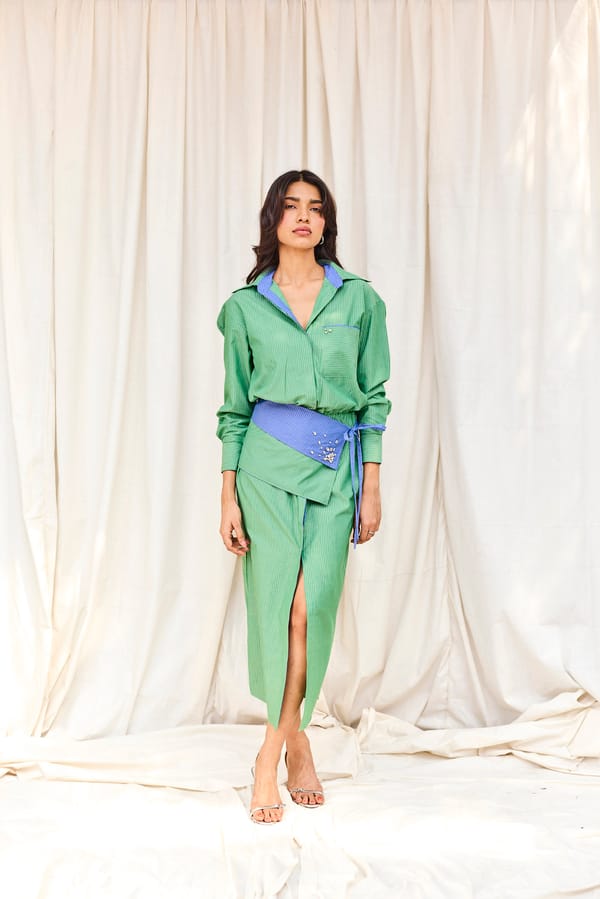 Green Striped Hand Embroidered Midi Dress With Belt — Urban Suburban