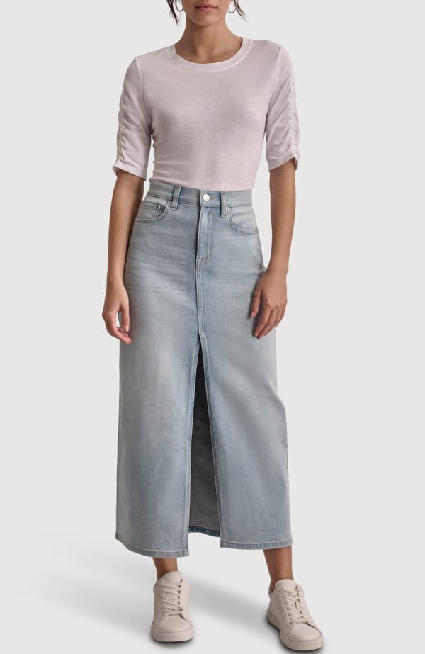 Light Wash Denim Maxi Skirt with Front Slit — DKNY