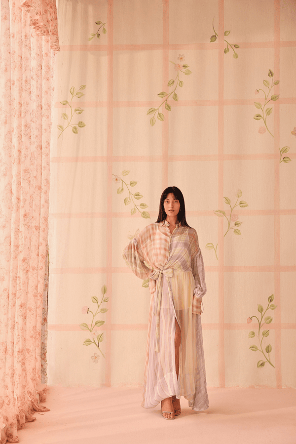 Pastel Check Sheer Chiffon Maxi Shirt Dress with Slip — Sage by Mala