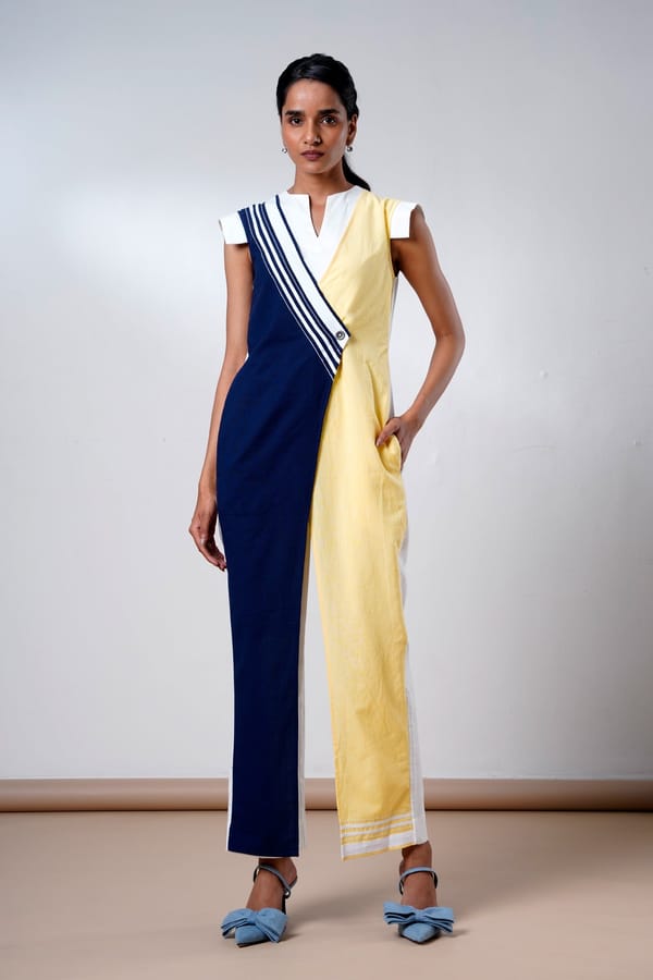 Blue and Yellow Colorblocked Straight-Leg Jumpsuit — Madder Much