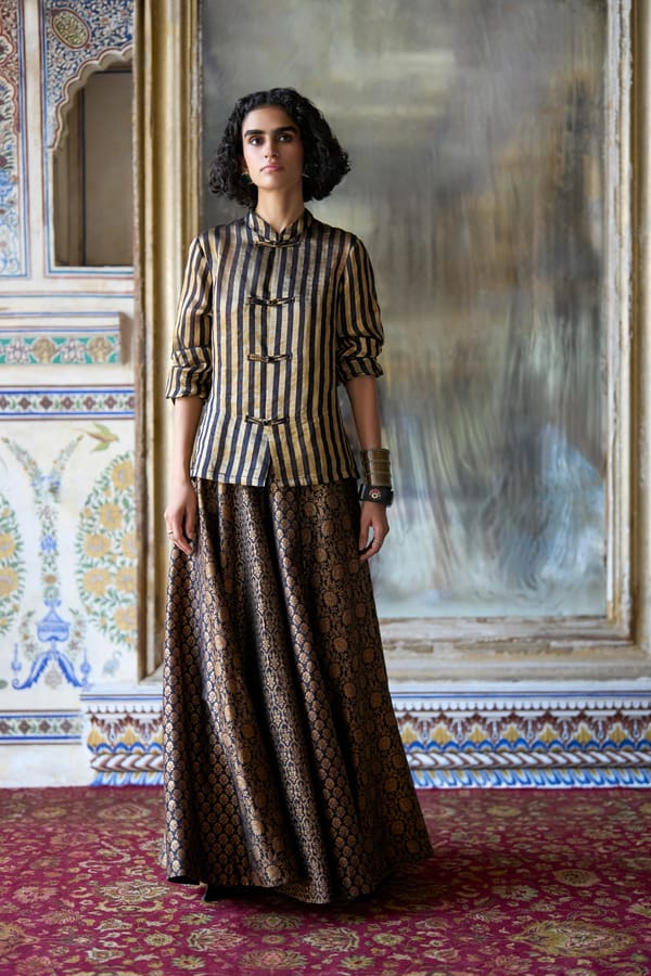Benares Tissue Striped Shirt & Brocade Flared Skirt — Dash and Dot