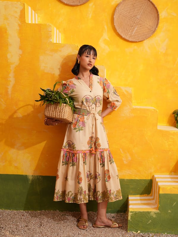 Coral Peach Tropical Printed Tiered Midi Shirt Dress — TASHA INDIA