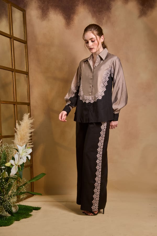 Black and Copper Embroidered Shirt and Trouser Co-ord Set — An'era by Asmita Verma