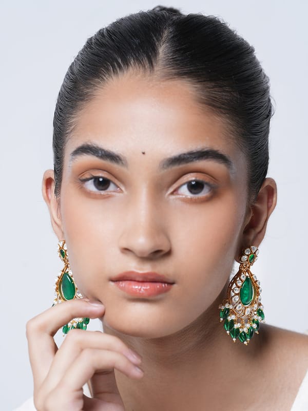 Long Green Colored Kundan Earrings — Cao Jewellery