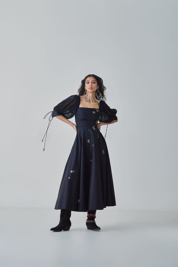Black Fit and Flare Midi Dress with Sheer Balloon Sleeves — Saaksha and Kinni