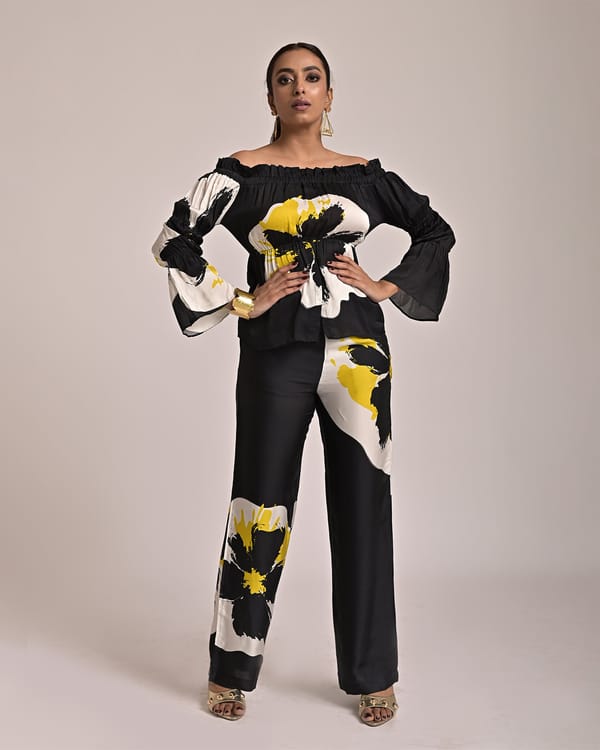 Black Modal Satin Off-Shoulder Placement Print Top — Missy Co.
