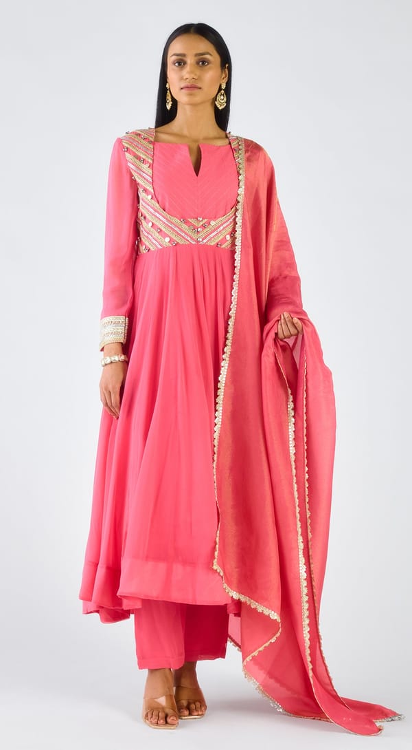 Rani Pink Chanderi Dup-Net Embroidered Anarkali Set — Basanti Kapde aur Koffee