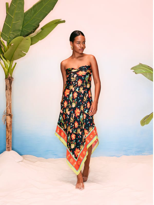 Black Floral Scarf Print Asymmetrical Midi Tube Dress — GUAPA
