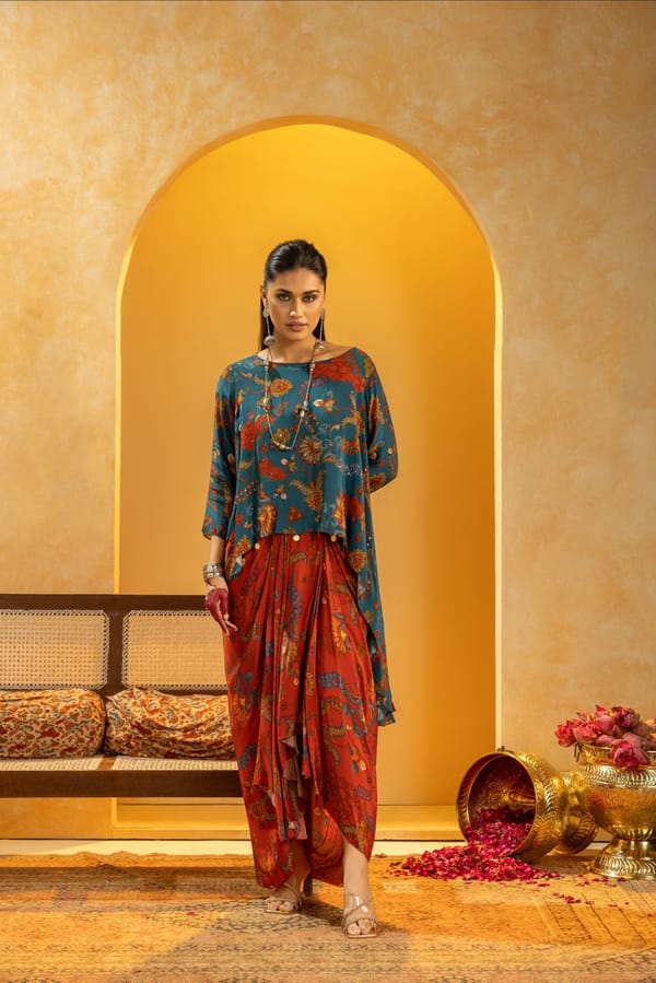 Printed Asymmetric Top and Drape Skirt Co-ord Set — SOUP by Sougat Paul
