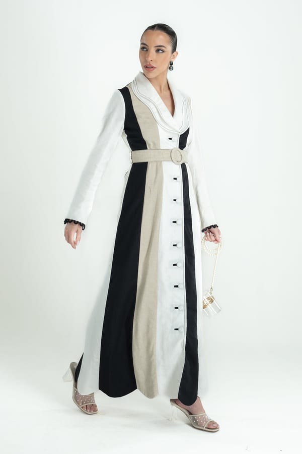 Black, White and Oat Colorblock Belted Long Trench Coat — Our Love