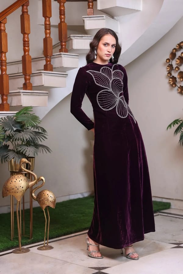 Plum Velvet Maxi with Silver Abstract Motif — EDITION II