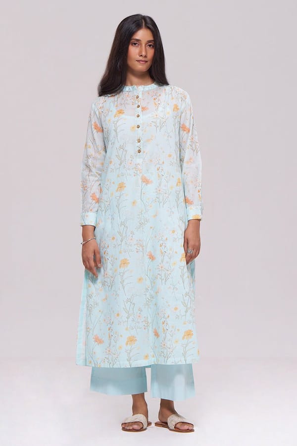 Morning Mist Blue Floral Mul-Mul Kurta Co-ord Set — Ganga Fashions Pvt Ltd