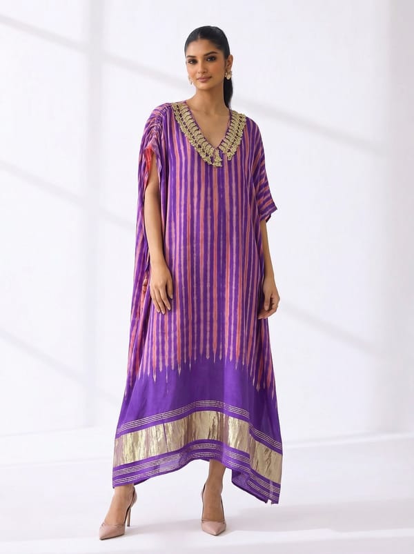 Purple Striped Modal Satin Kaftan with Gold Border — 5 Elements
