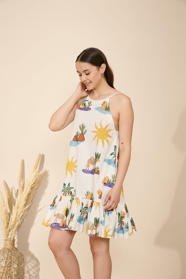 White Tropical Print Halter Neck Mini Dress — GAIMA LABEL