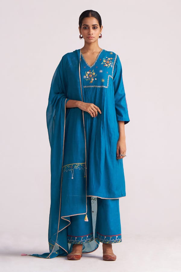 Blue Embroidered Yoke A-Line Kurta Set With Dupatta — Ganga Fashions Pvt Ltd
