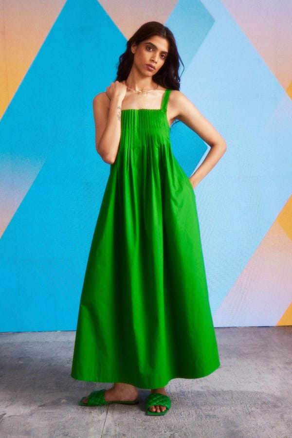 Green Cotton Poplin Maxi Dress with Pleated Bodice — Dash and Dot