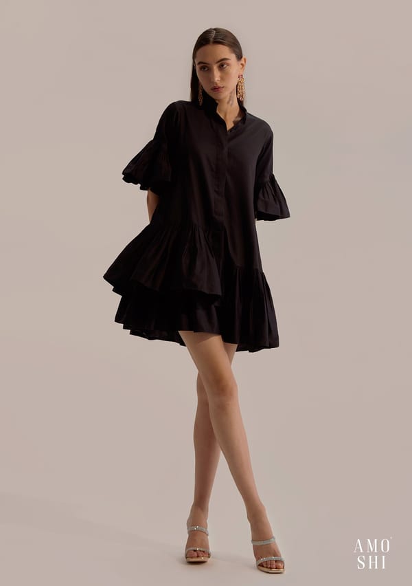 Black Button-Down Tiered Mini Dress with Ruffle Sleeves — AMOSHI