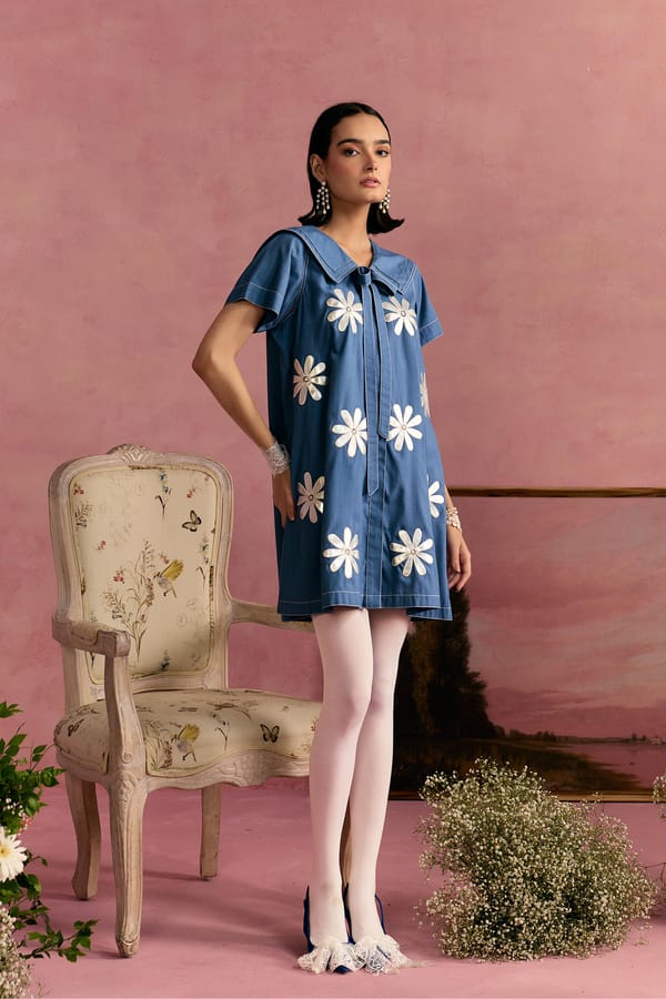 Blue Mini Shift Dress with Floral Appliqué — SURABHI ARYA