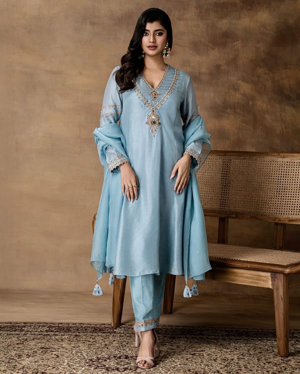 Rumi Powder Blue Silk Embroidered Kurta Set — ISHA GUPTA TAYAL