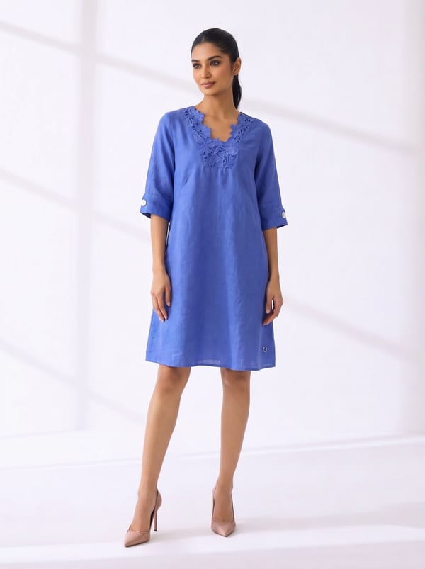Voilet Linen Shift Dress with Lace V-Neck — YELL