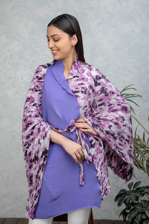 Very Peri Pleated Floral Panel Cape with Belt — Rhe-Ana