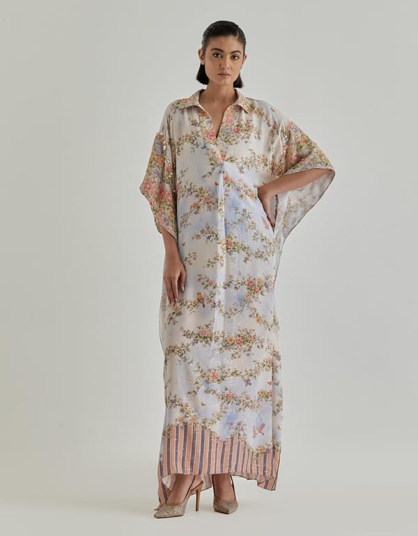 Offwhite Jardin Flou Crepe Kaftan Hand Embroidery — Kavita Bhartia