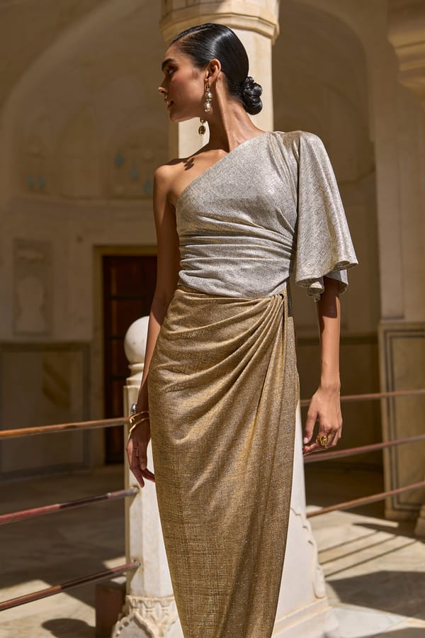 Champagne Gold One-Shoulder Metallic Maxi Dress — Dash and Dot