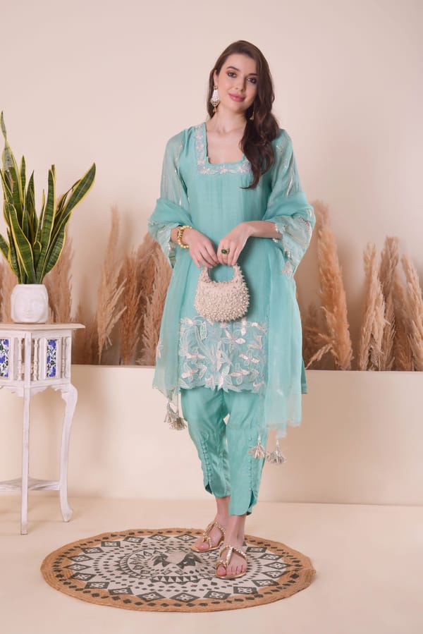 Sea Green Square Neck Embroidered Kurta Set with Dupatta — SURABHI ARYA