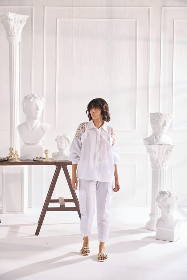 White Linen-Cotton Lace Detail Co-ord Set — Shivya K