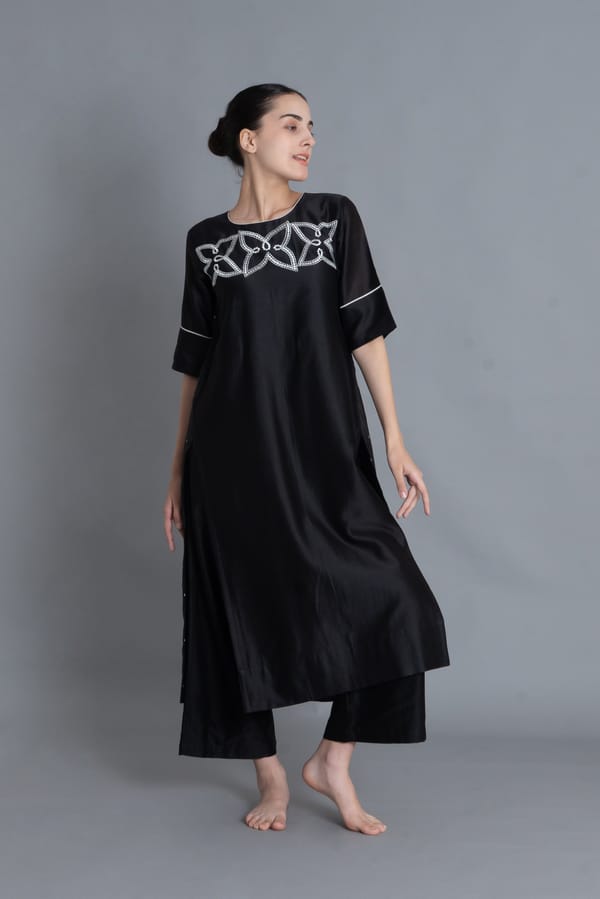 Black Floral Embroidered Pleated Dress Co-ord — Khat