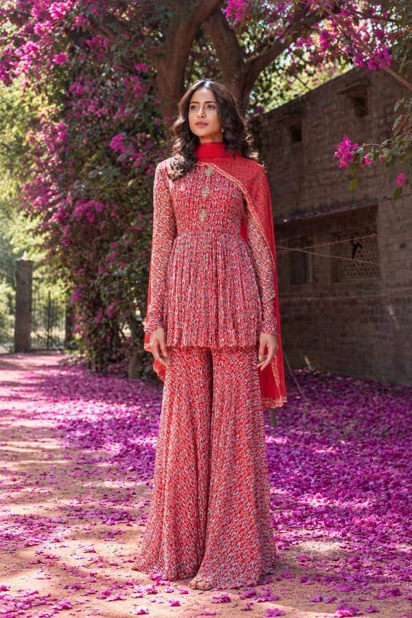 Red Printed Peplum Kurta and Sharara Set with Dupatta — Basanti Kapde aur Koffee