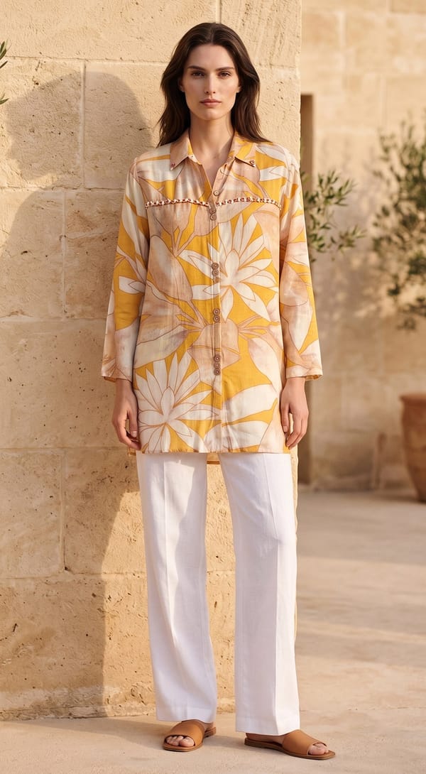 Mustard Muslin Oversized Floral Print Button-Down Shirt — Basanti Kapde aur Koffee
