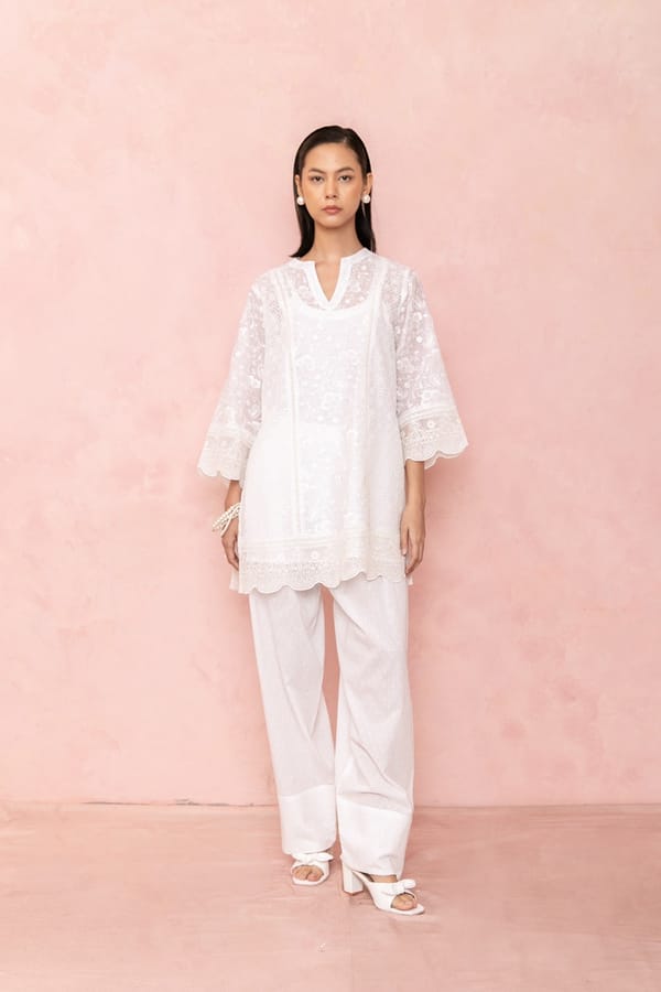 White Sheer Embroidered Short Kurta Set with Slip — LABEL NAARITI