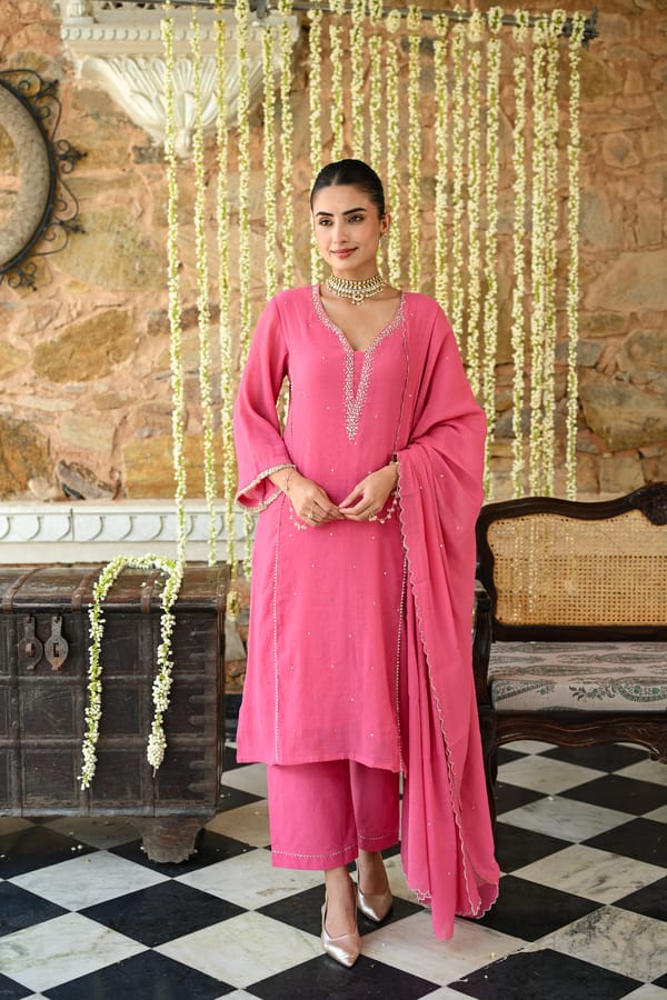 Deep Pink with Beads Pearl Work Scallope Dupatta Suit Set-SET OF-3 — MAHEE JAIPUR