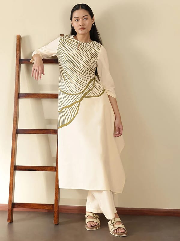 Cotton Abstract Placement Print Kurta - Off White — Pink Fort
