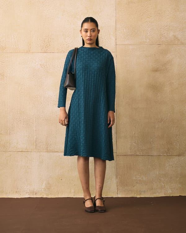 Blue Textured A-Line Knee-Length Dress — Pleats by Aruni